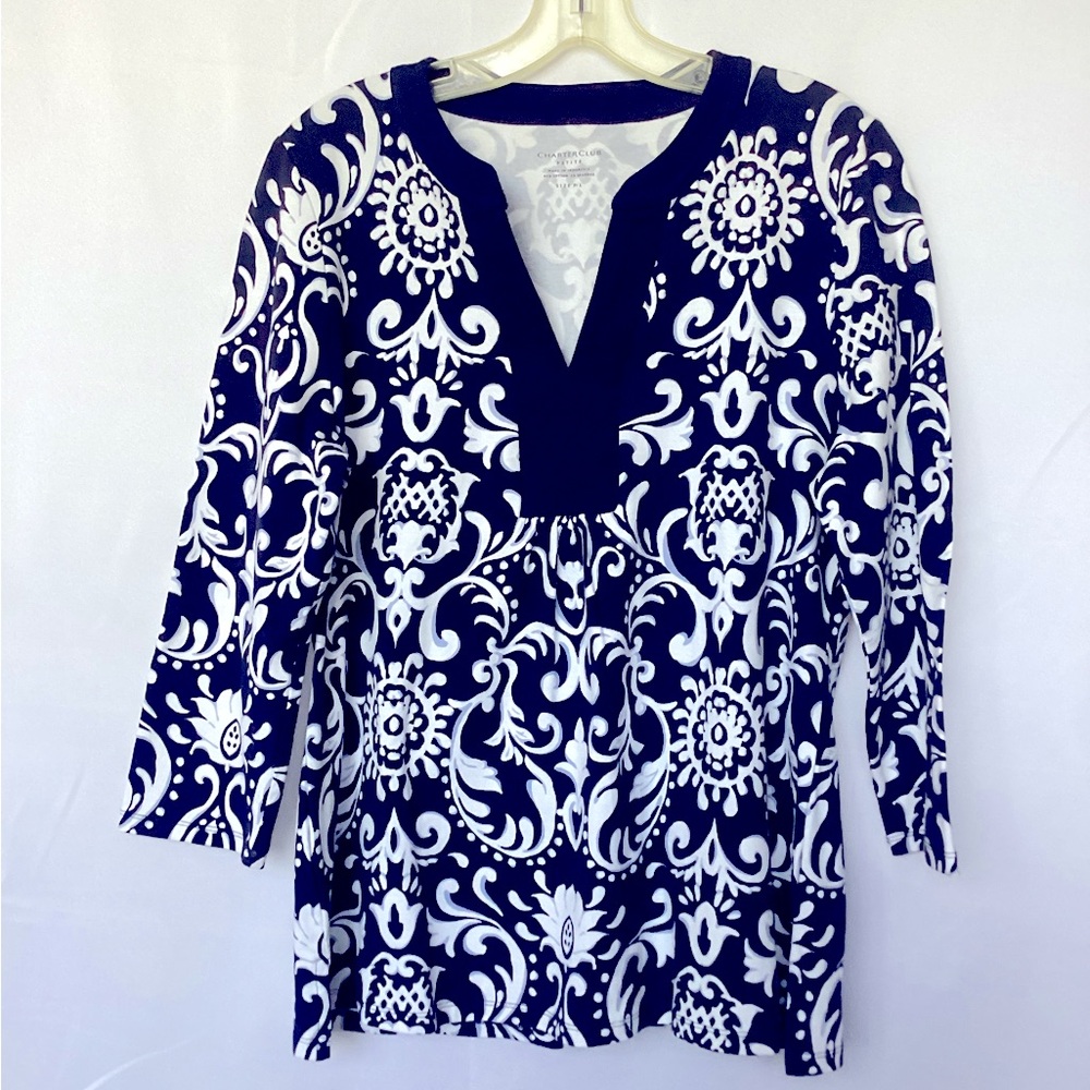 Charter Club V-neck Top Womens Navy/White Paisley Print Size Petite Large